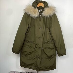 Gap ColdControl Parka Jacket Coat Green With Faux Fur hood size Large Tall